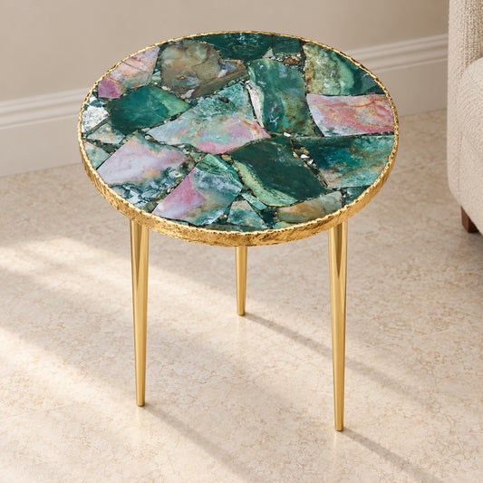 
Green Agate Side Table, Round Top with a gold rim and three plain gold legs, shown full length in a room