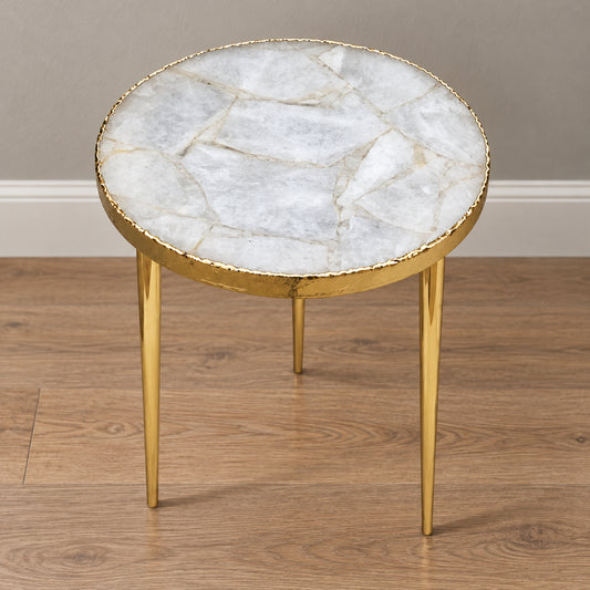 
White Agate Side Table, Round Top with a gold rim and three plain gold legs, shown full length in a room