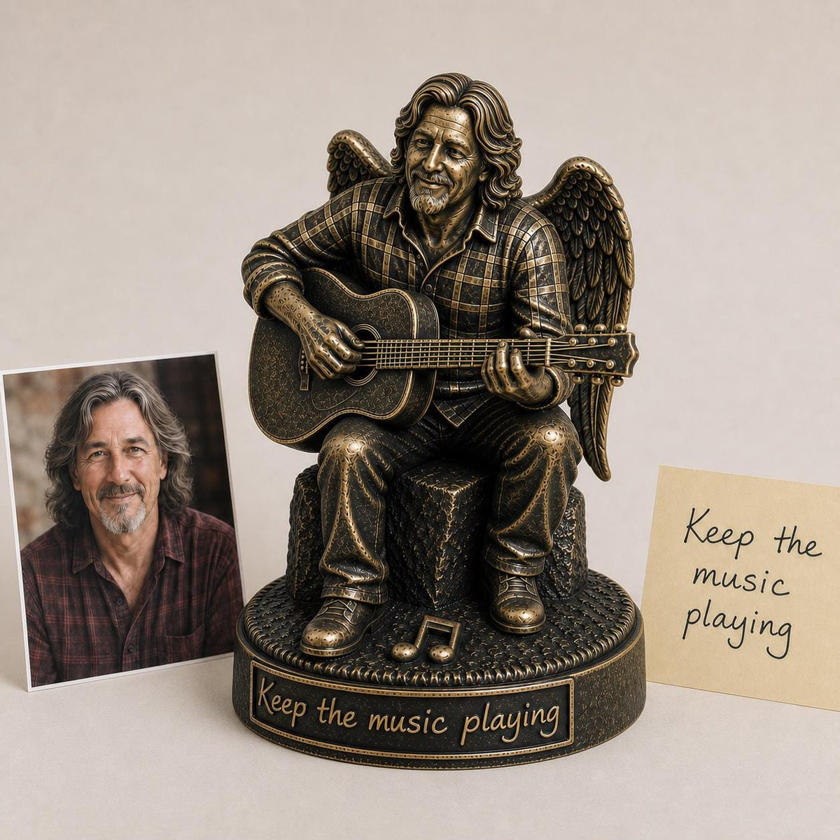 Personalised Guitar Memorial Figurine from Photo, Antique Brass Angel Statue, Musician Remembrance Gift