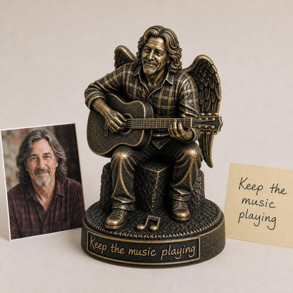Personalised Guitar Memorial Figurine from Photo, Antique Brass Angel Statue, Musician Remembrance Gift