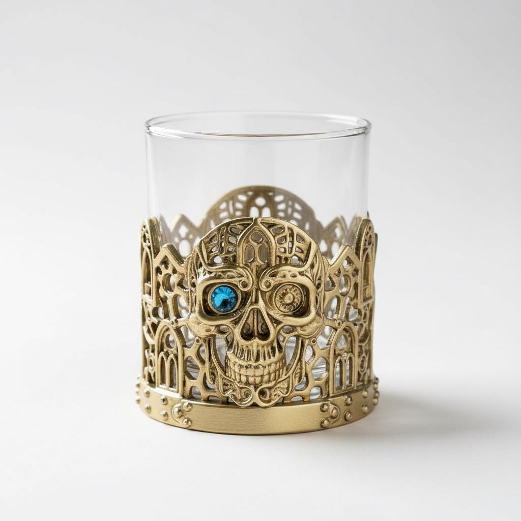 Gemstone Skull Whiskey Glass – Gold Holder, 10 oz