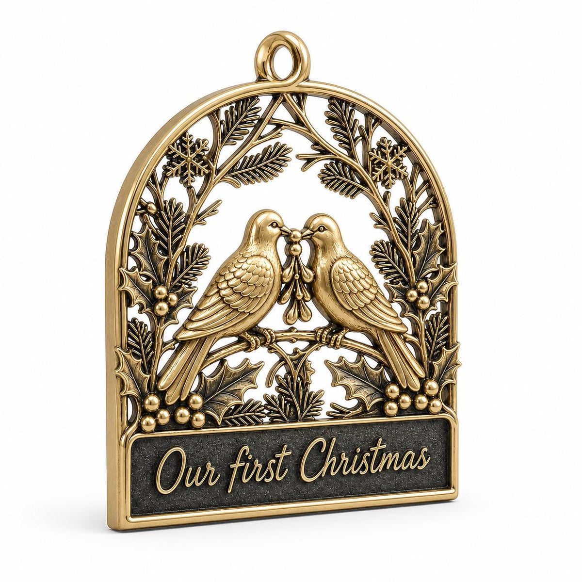 Large Personalized First Christmas Ornament | Couple Keepsake | Brass Dove Charm | Holiday Decor