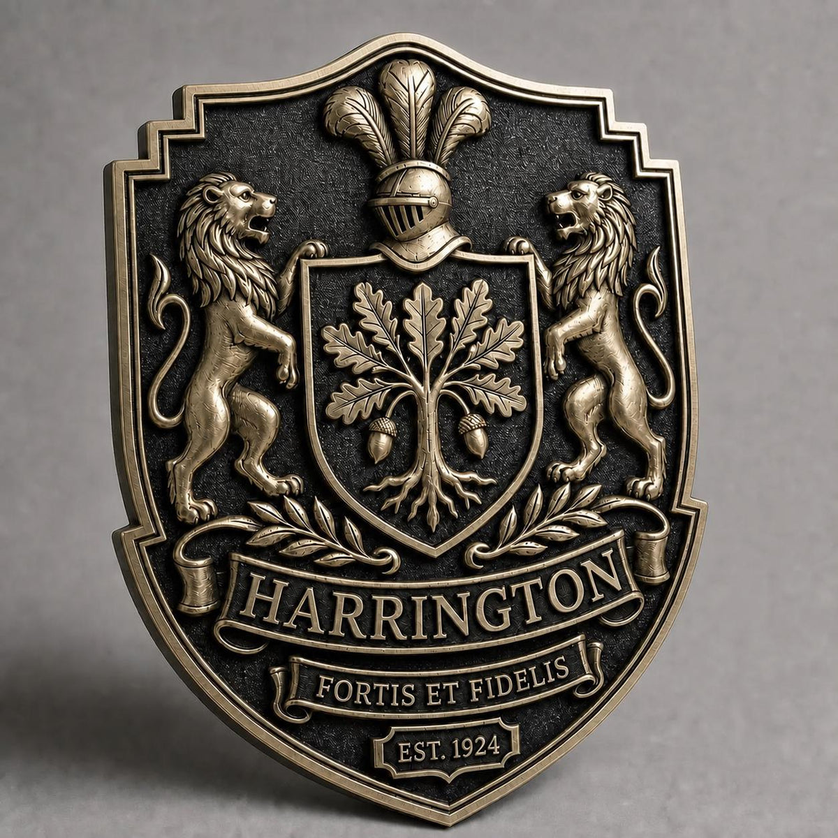 Design Your Own Coat of Arms Plaque | Lion Supporters & Motto Banner | Antique Brass Wall Sign