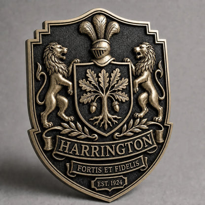 Design Your Own Coat of Arms Plaque | Lion Supporters & Motto Banner | Antique Brass Wall Sign