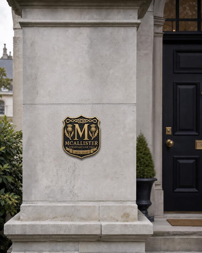 Design Your Own Family Crest Plaque | Personalised Surname & Motto | Antique Brass Wall Sign