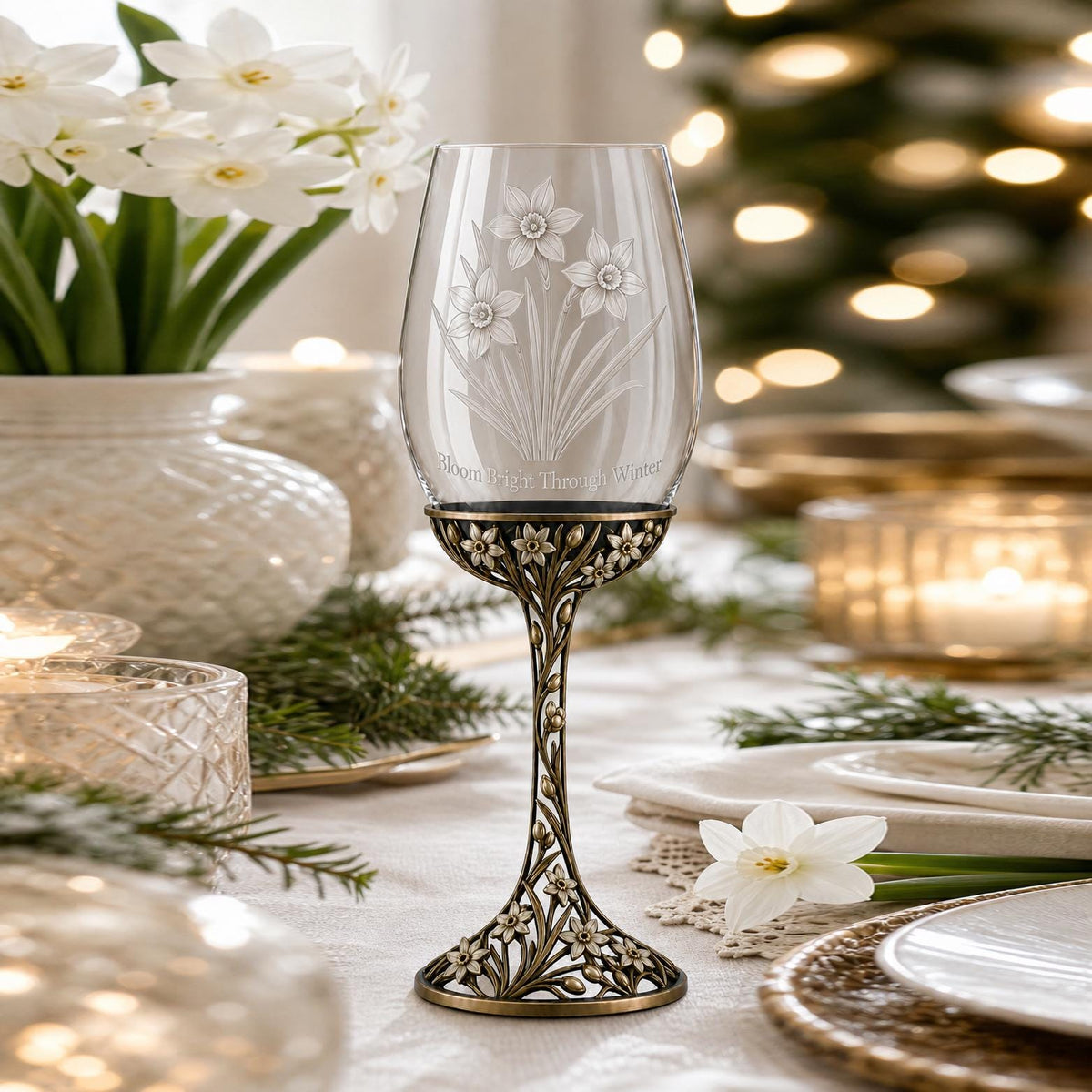 December Narcissus Wine Glass, Personalised Birth Flower, Openwork Brass Stem, Custom Etched Gift