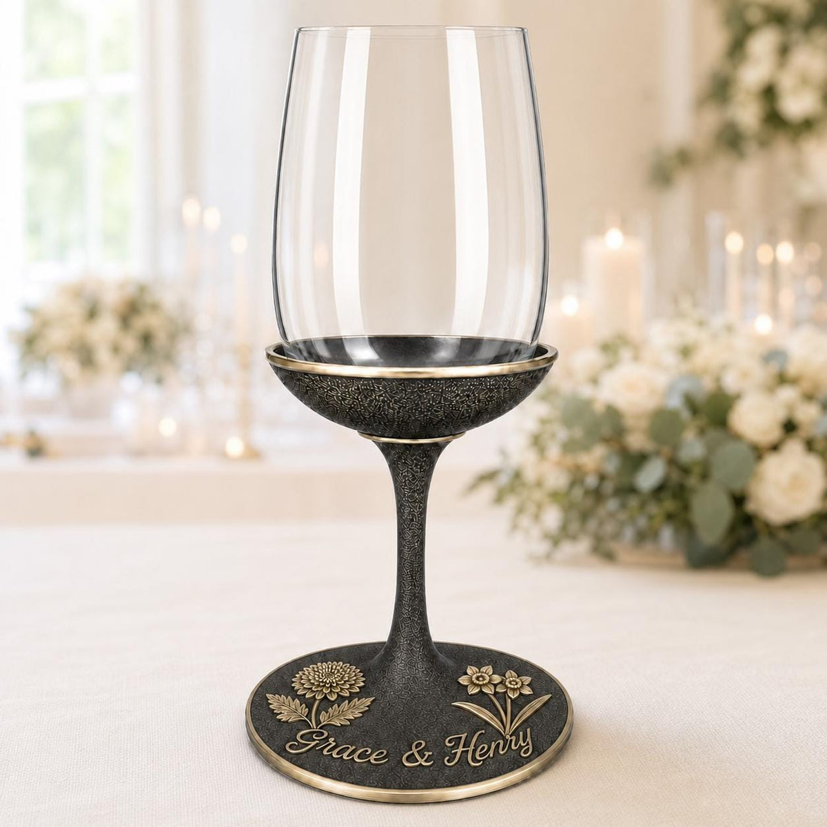 
Birth flower handwriting wine glass in a table setting