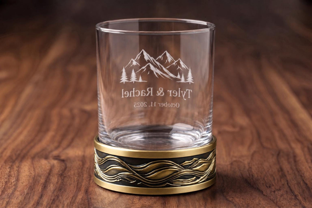 Personalised Laser Etched Brass Base Whiskey Glass | Custom Name/Text Glass | Antique Gold Finish