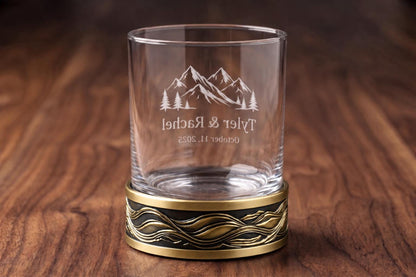 Personalised Laser Etched Brass Base Whiskey Glass | Custom Name/Text Glass | Antique Gold Finish