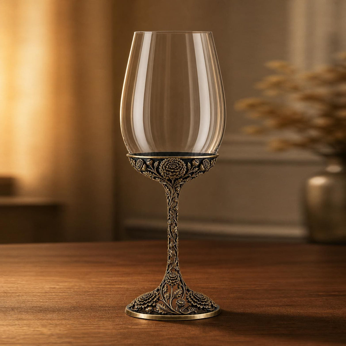 November Chrysanthemum Wine Glass, Personalised Birth Flower, Openwork Brass Stem, Custom Etched Gift