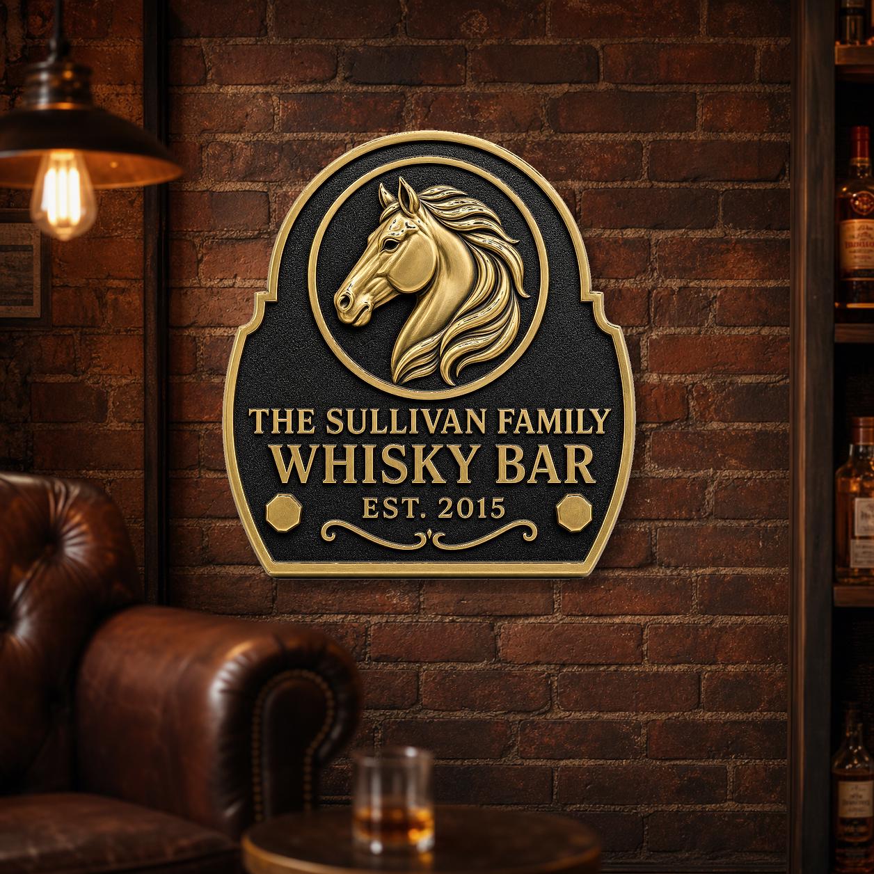 Personalised Horse Head Whisky Bar Plaque | Custom Family Bar Sign | Handcrafted Antique Brass Wall Decor