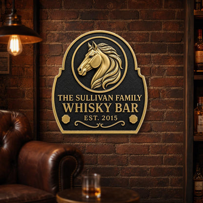 Personalised Horse Head Whisky Bar Plaque | Custom Family Bar Sign | Handcrafted Antique Brass Wall Decor