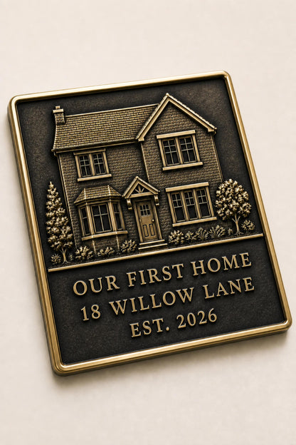 Custom House Portrait Plaque | Personalised Architectural Relief | Antique Brass Keepsake Gift