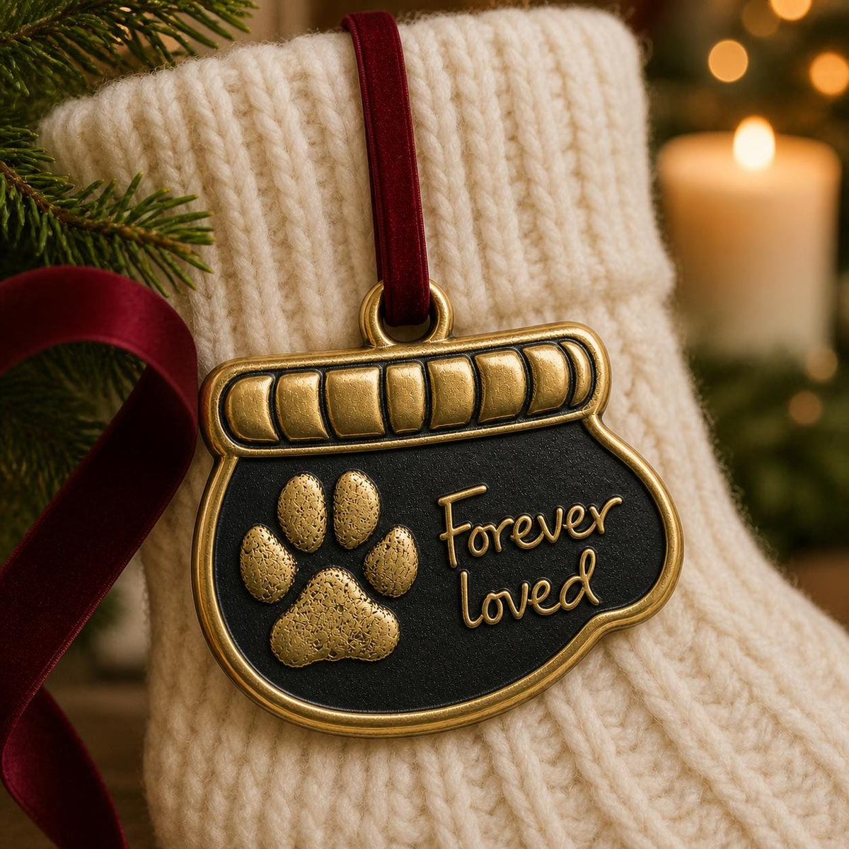 Bowl-shaped paw print ornament hanging in front of a cream knit stocking by candlelight