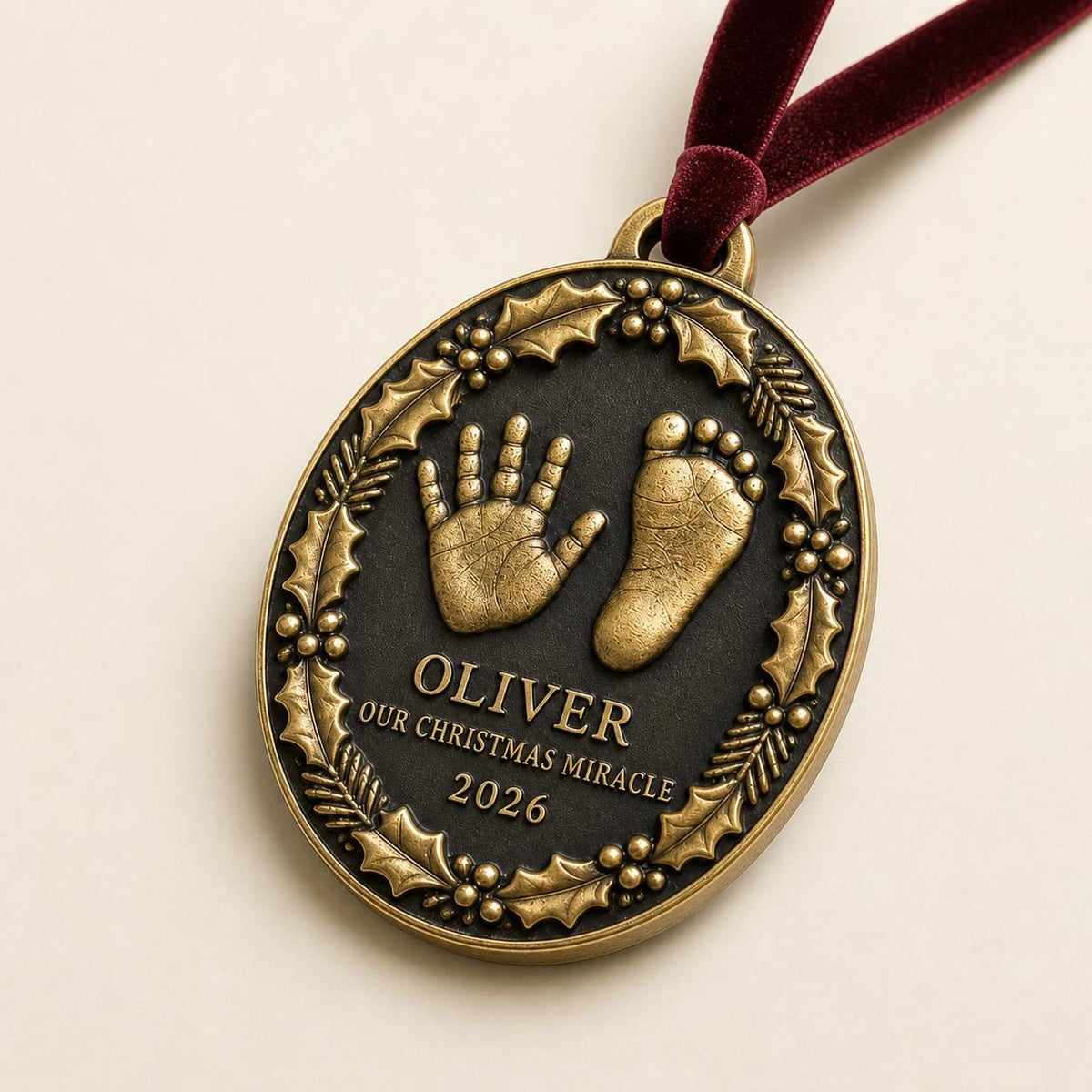 Baby Handprint and Footprint Ornament, Holly Oval