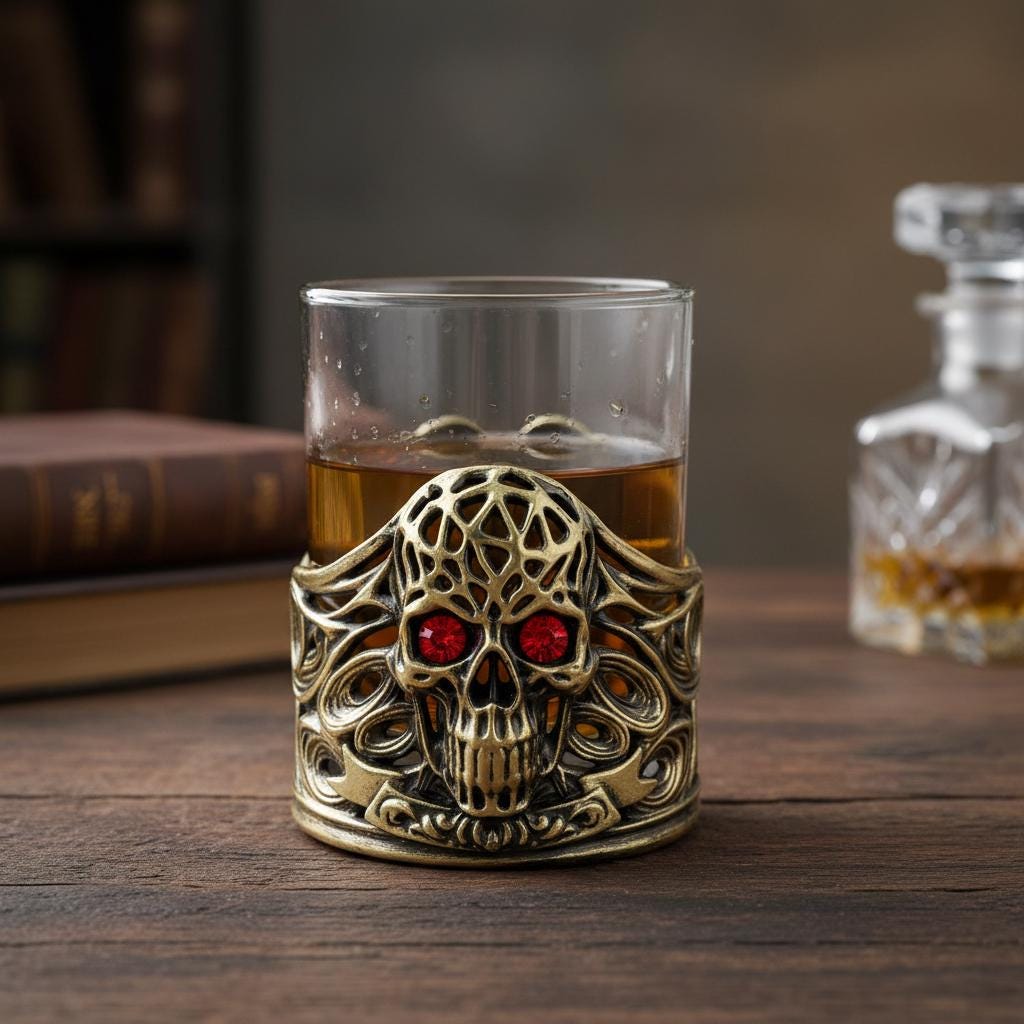 Jeweled Skull Whiskey Glass – Antique Brass Holder, 10 oz