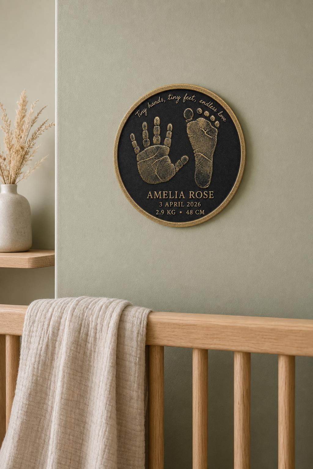 Personalised Baby Handprint & Footprint Plaque, Custom Birth Details Keepsake, Antique Brass Nursery Gift