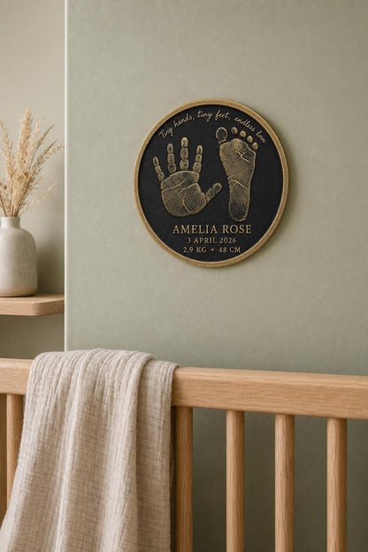 Personalised Baby Handprint & Footprint Plaque, Custom Birth Details Keepsake, Antique Brass Nursery Gift
