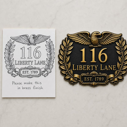 Custom Antique Brass Address Sign |  Art Deco House Plaque | Family Name Crest