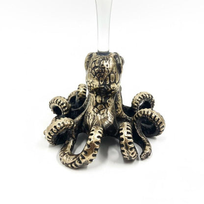 Octopus Wine Glass – Antique Brass Base with Gemstone Eyes, 12 oz