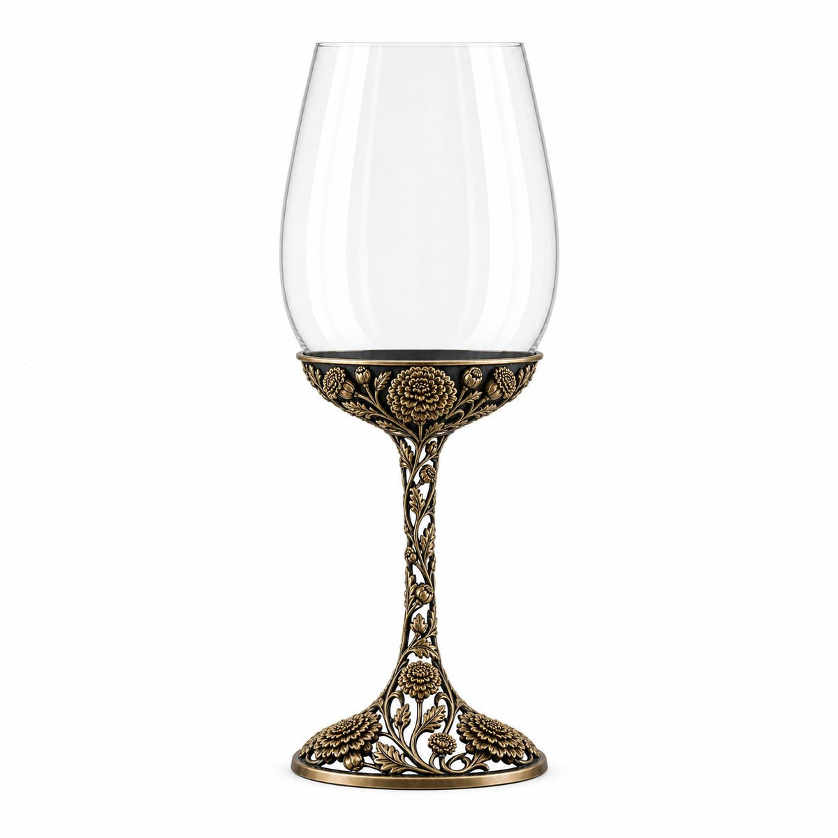October Marigold Wine Glass, Personalised Birth Flower, Openwork Brass Stem, Custom Etched Gift