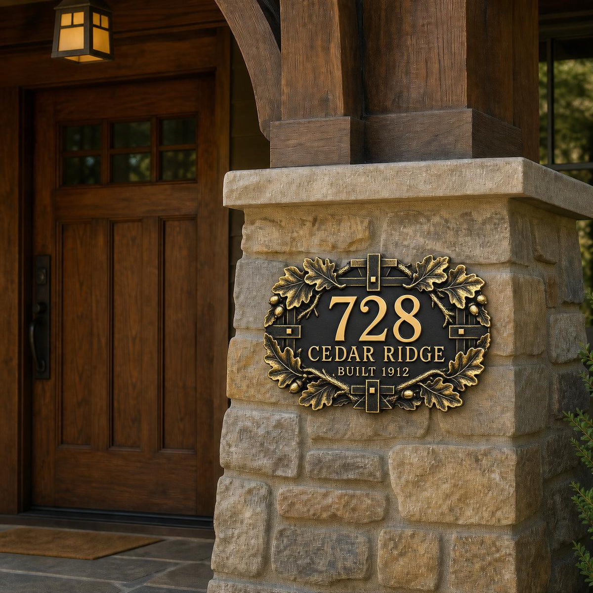 Personalized Antique Brass House Number Plaque | Custom Address Sign | Oak Leaf Family Name Plate