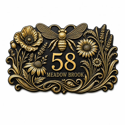 Design Your Own Custom House Number Plaque | Personalized Floral Bumblebee Antique Brass Address Sign