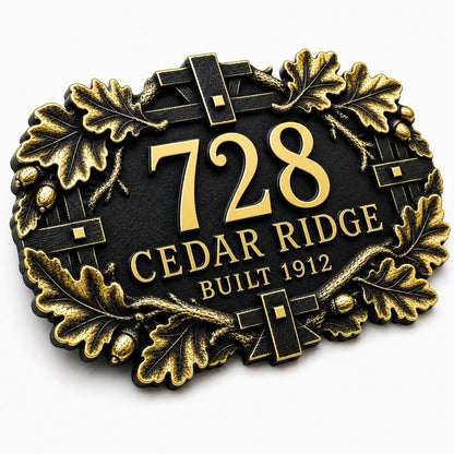 Personalized Antique Brass House Number Plaque | Custom Address Sign | Oak Leaf Family Name Plate