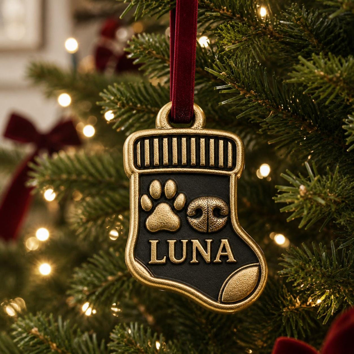 Stocking pet ornament with LUNA hanging on a lit Christmas tree