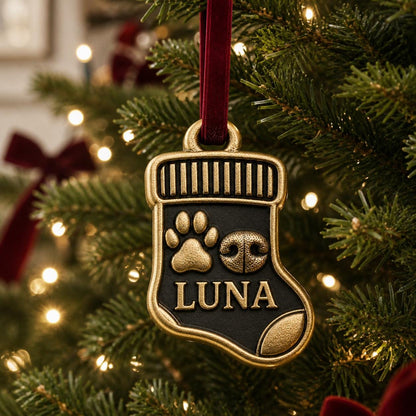 Stocking pet ornament with LUNA hanging on a lit Christmas tree