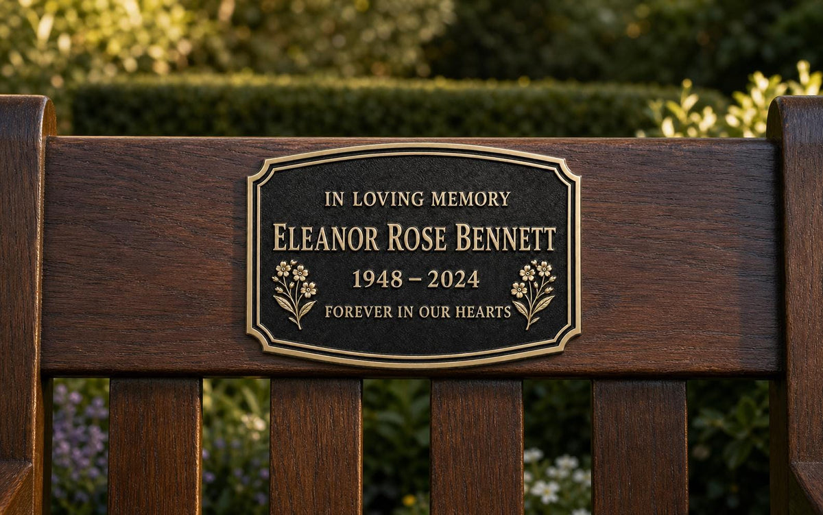 Personalised Remembrance Plaque, Memorial Sign with Floral Detail and Antique Brass Finish