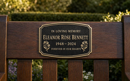 Personalised Remembrance Plaque, Memorial Sign with Floral Detail and Antique Brass Finish