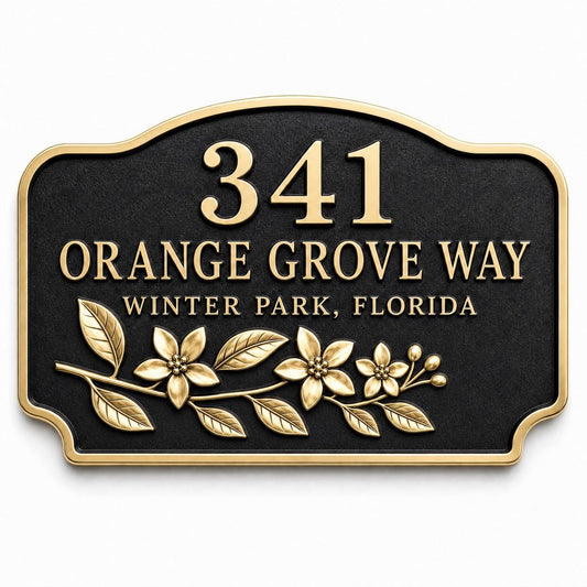 Personalised Orange Blossom Address Plaque | Custom Antique Brass House Number | Outdoor Wall Decor
