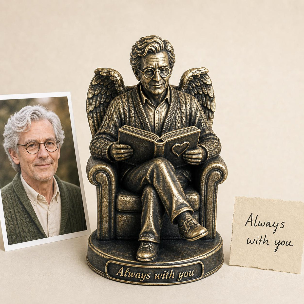 Personalised Reader Memorial Figurine from Photo, Antique Brass Angel Statue, Book Lover Remembrance Gift