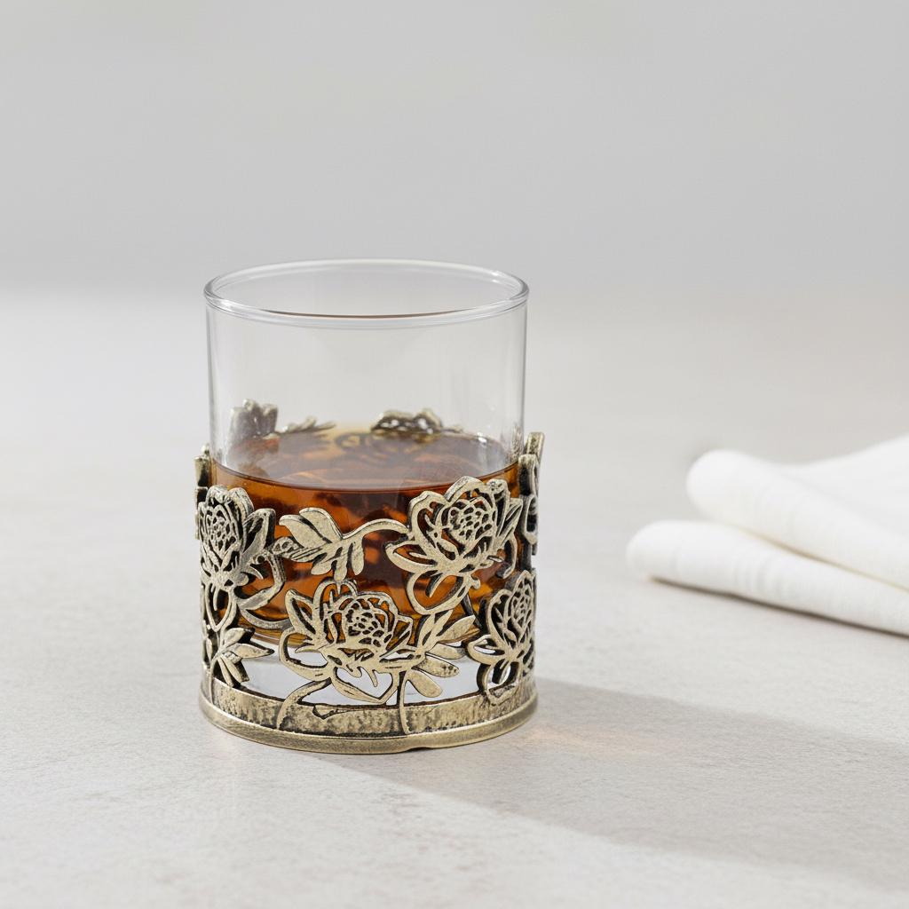 Floral Whiskey Glass – Openwork Metal Holder, 10 oz