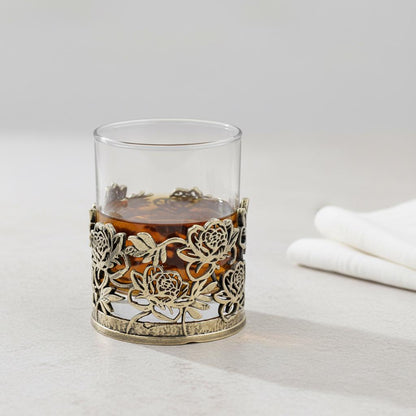 Floral Whiskey Glass – Openwork Metal Holder, 10 oz