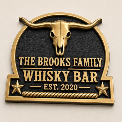 Personalised Longhorn Whisky Bar Plaque | Custom Western Ranch Sign | Handcrafted Brass Wall Decor