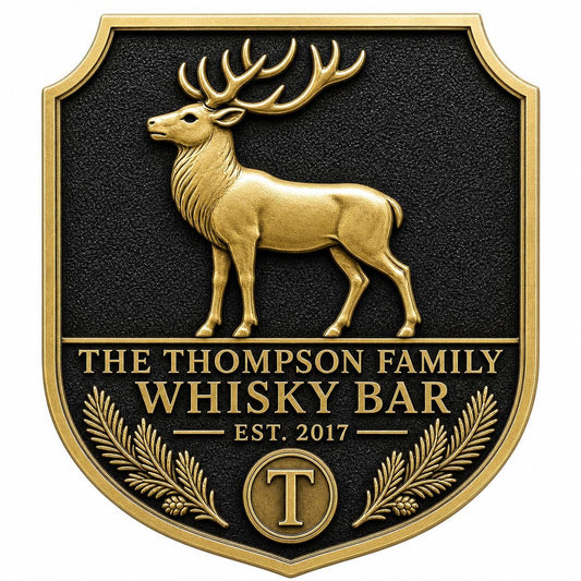 Personalised Deer Whisky Bar Plaque | Custom Stag Family Bar Sign | Handcrafted Antique Brass Wall Decor