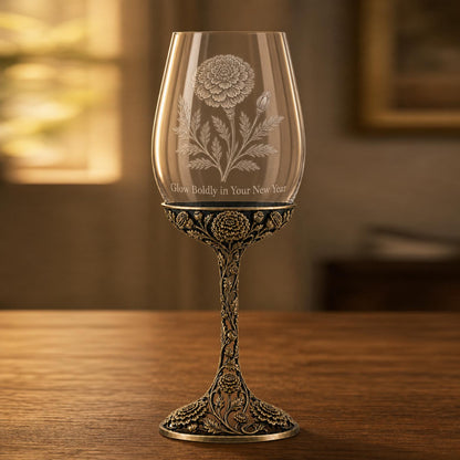 October Marigold Wine Glass, Personalised Birth Flower, Openwork Brass Stem, Custom Etched Gift