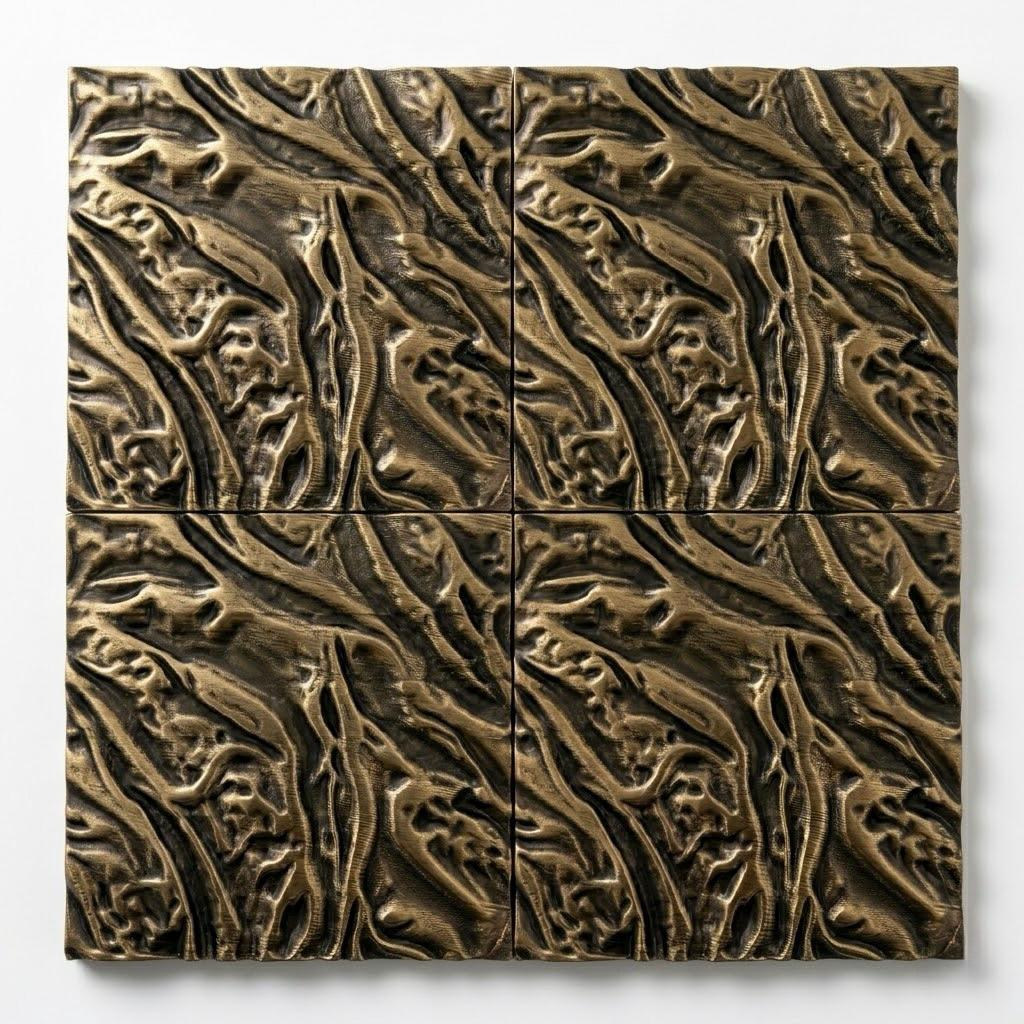 Four molten lava tiles in a darker antique brass