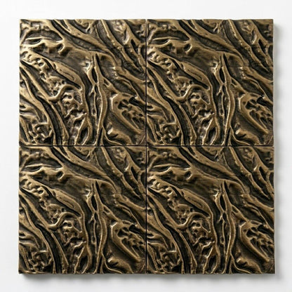 Four molten lava tiles in a darker antique brass