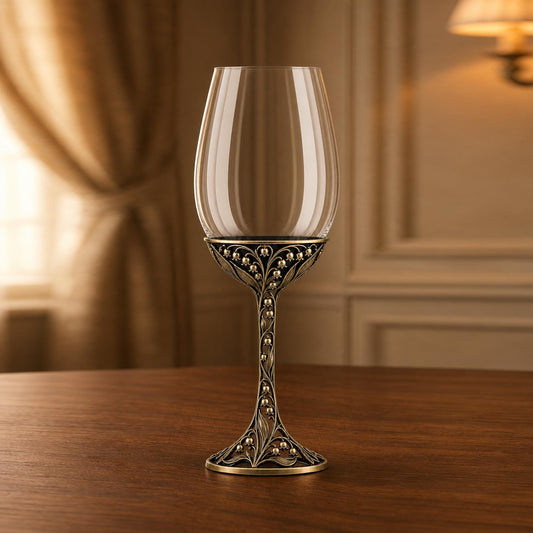 May Lily of the Valley Wine Glass, Personalised Birth Flower, Openwork Brass Stemware