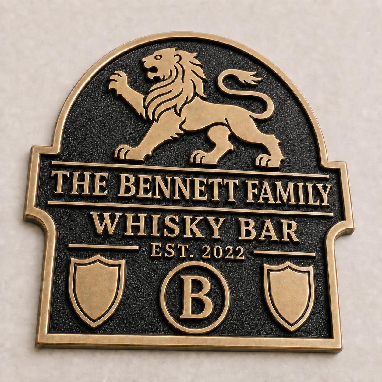 Personalised Lion Family Whisky Bar Sign | Antique Brass Home Bar Plaque | Custom Wall Decor