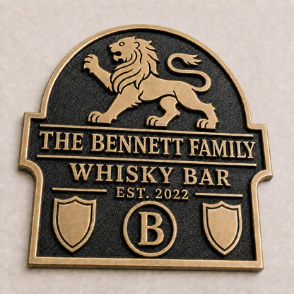 Personalised Lion Family Whisky Bar Sign | Antique Brass Home Bar Plaque | Custom Wall Decor