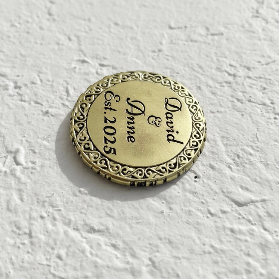 Custom engraved round coasters | Personalized metal name decor in gold, silver or antique | set of 4