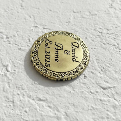 Custom engraved round coasters | Personalized metal name decor in gold, silver or antique | set of 4