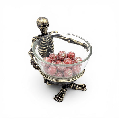 Skeleton Bowl with Glass Insert – Gothic Decorative Dish | Gold, Silver or Antique Finish | Halloween Candy Bowl & Home Decor