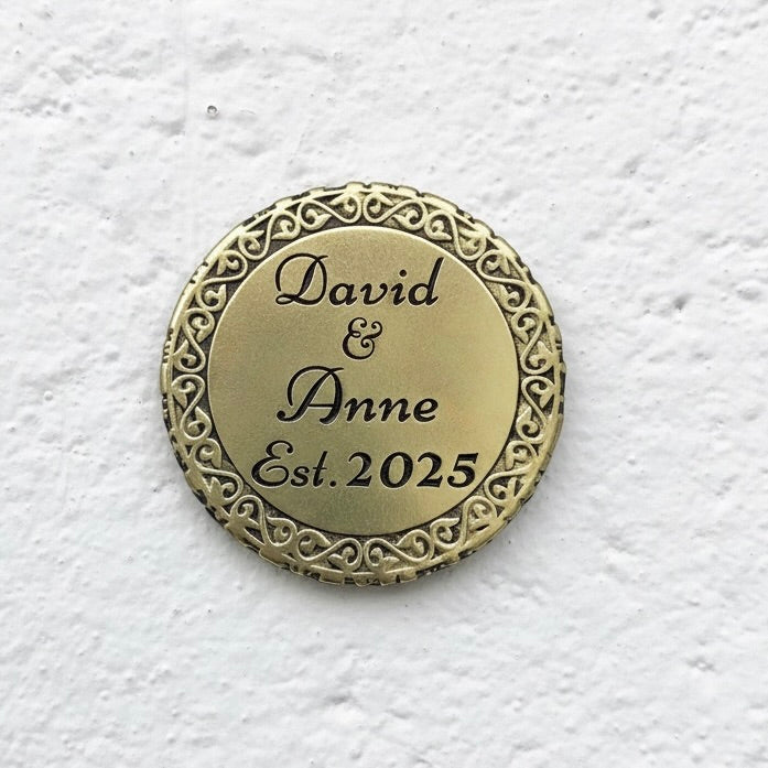 Custom engraved round coasters | Personalized metal name decor in gold, silver or antique | set of 4
