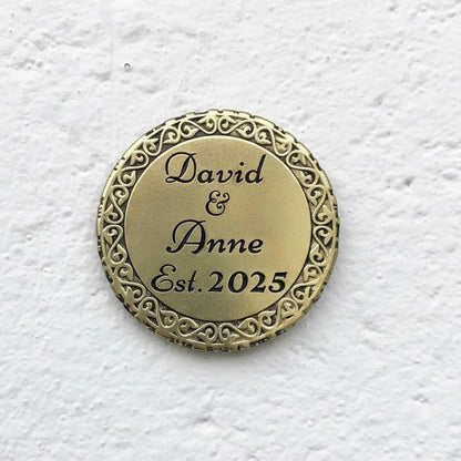 Custom engraved round coasters | Personalized metal name decor in gold, silver or antique | set of 4