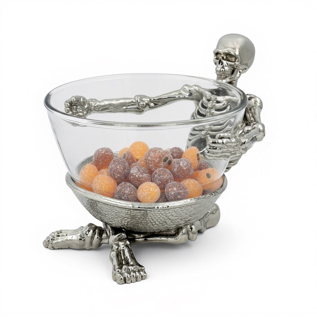 Skeleton Bowl with Glass Insert – Gothic Decorative Dish | Gold, Silver or Antique Finish | Halloween Candy Bowl & Home Decor